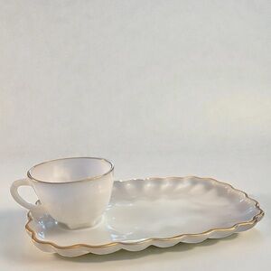 Vintage Milk Glass Tea Cups and Saucer Snack Tray Set